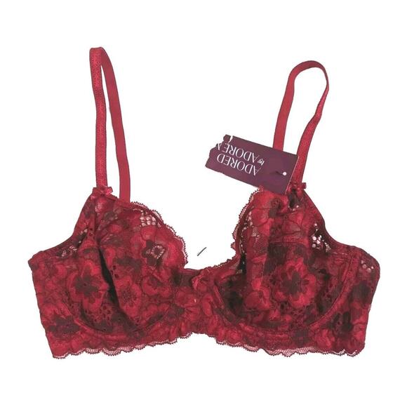 Adored By Adore Me Women's Chelsey Floral Unlined Underwire Bra Lace Red 32D - Picture 1 of 3